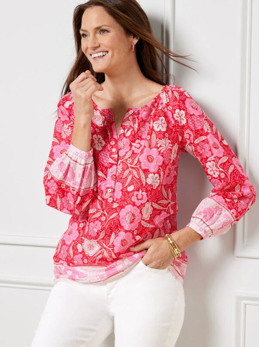 Talbots S Pink Floral Paradise Popover Blouse Coastal Resort Feminine NEW
